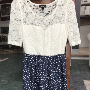 BCX Blue with White Polka Dots Lace Bodice Dress